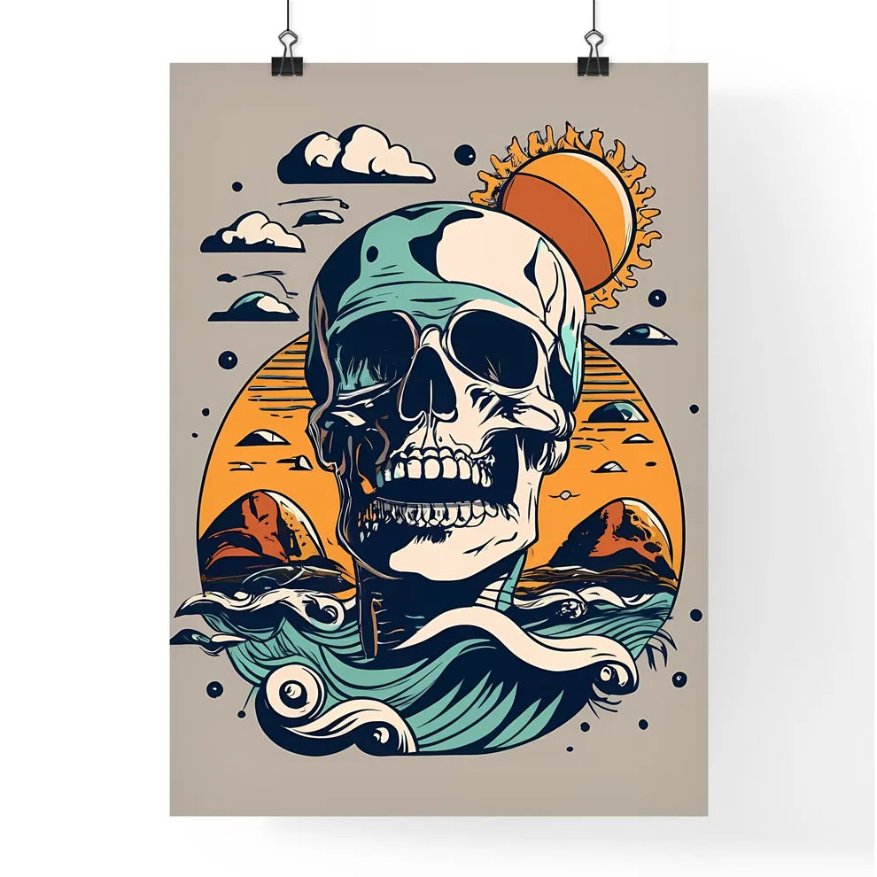 A Skull With Waves And Sun Art Prin Poster