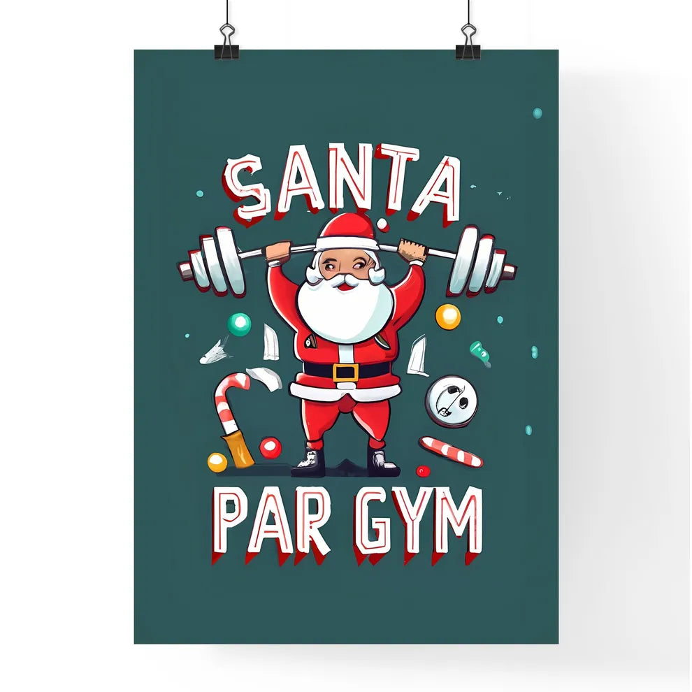 Santa Par Gym - A Cartoon Of A Santa Lifting Poster
