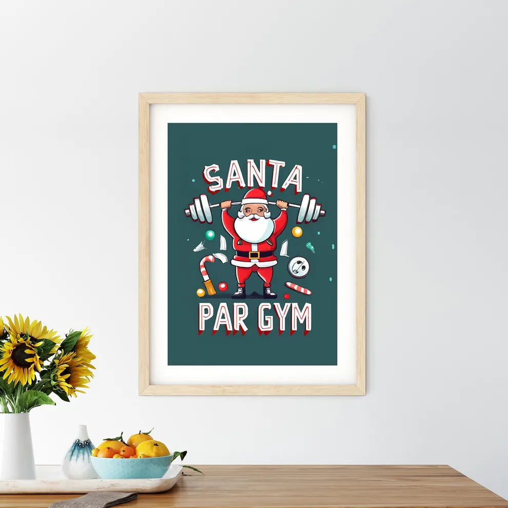 Santa Par Gym - A Cartoon Of A Santa Lifting - Kitchen Hangings