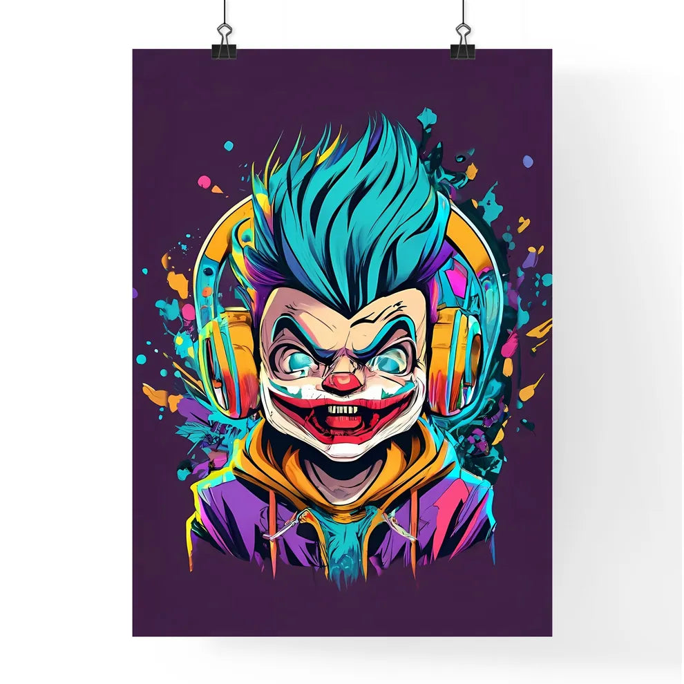 A Cartoon Of A Clown Wearing Headphones Art  Poster
