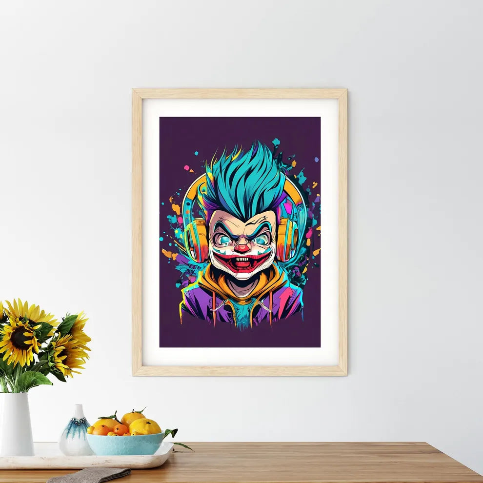 A Cartoon Of A Clown Wearing Headphones Art  - Kitchen Hangings