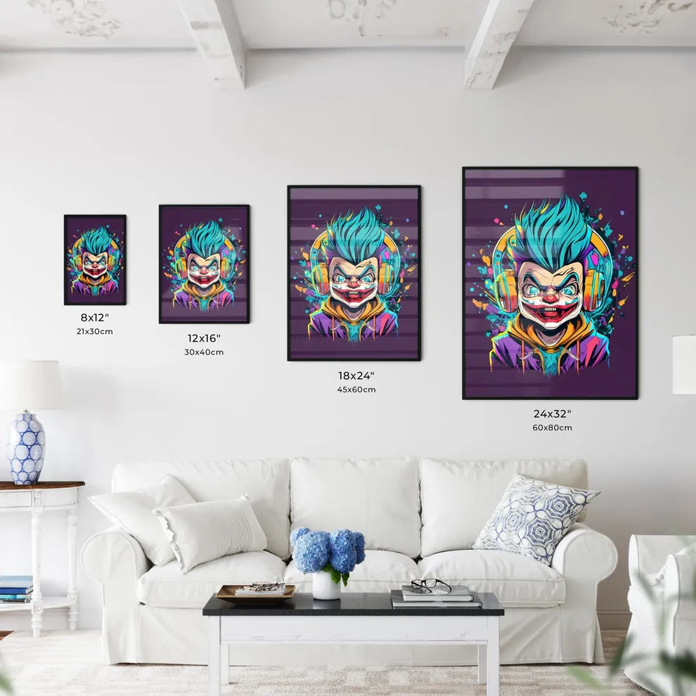 A Cartoon Of A Clown Wearing Headphones Art  Wall Art