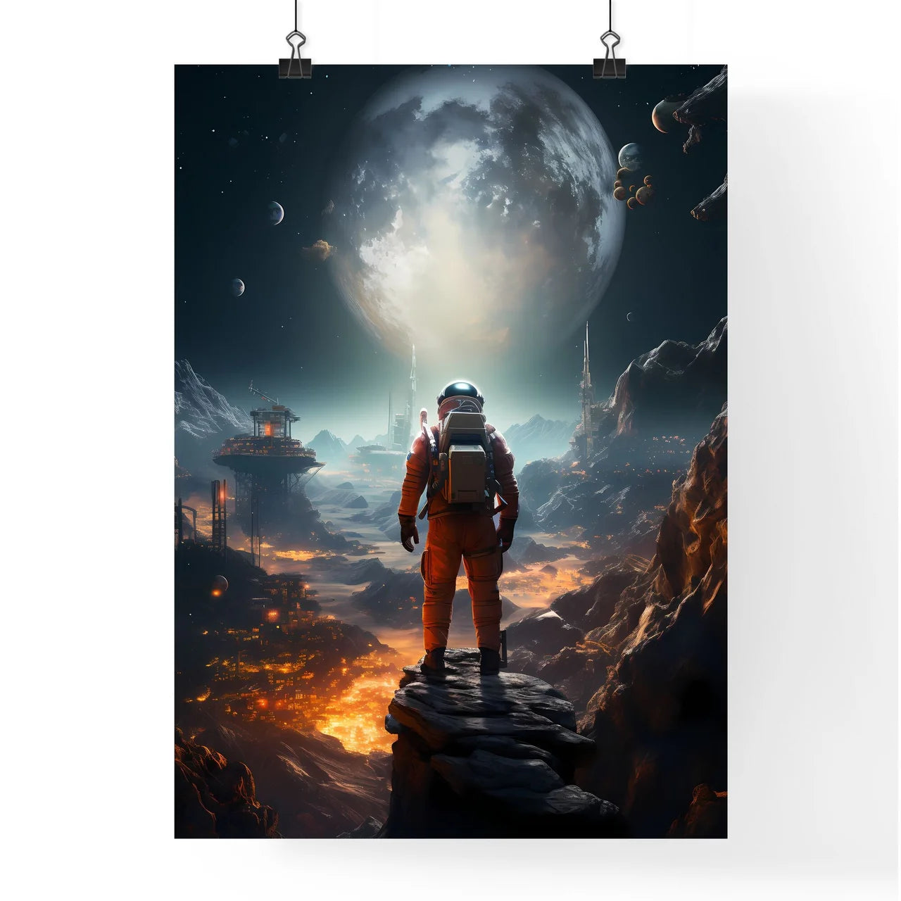 A Astronaut Standing On A Rock Looking At A  Poster