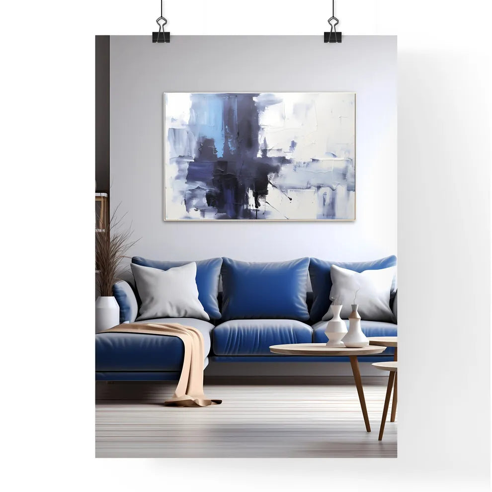 A Blue And White Living Room With A Large Pa Poster