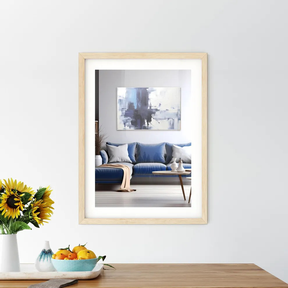 A Blue And White Living Room With A Large Pa - Kitchen Hangings