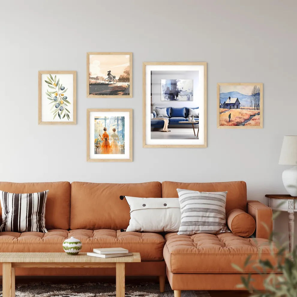 A Blue And White Living Room With A Large Pa Framed Print