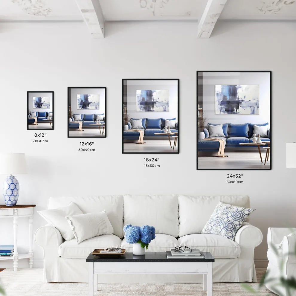 A Blue And White Living Room With A Large Pa Wall Art