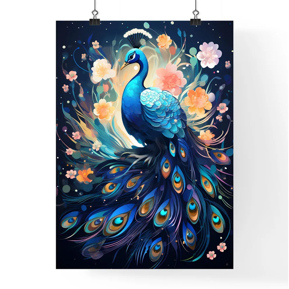 A Blue Peacock With Flowers Poster
