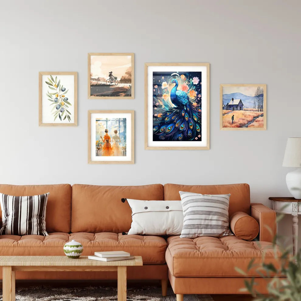 A Blue Peacock With Flowers Framed Print