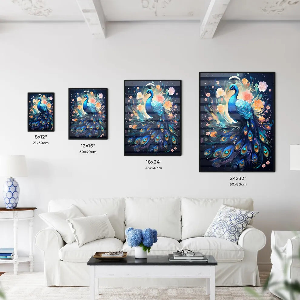 A Blue Peacock With Flowers Art Print
