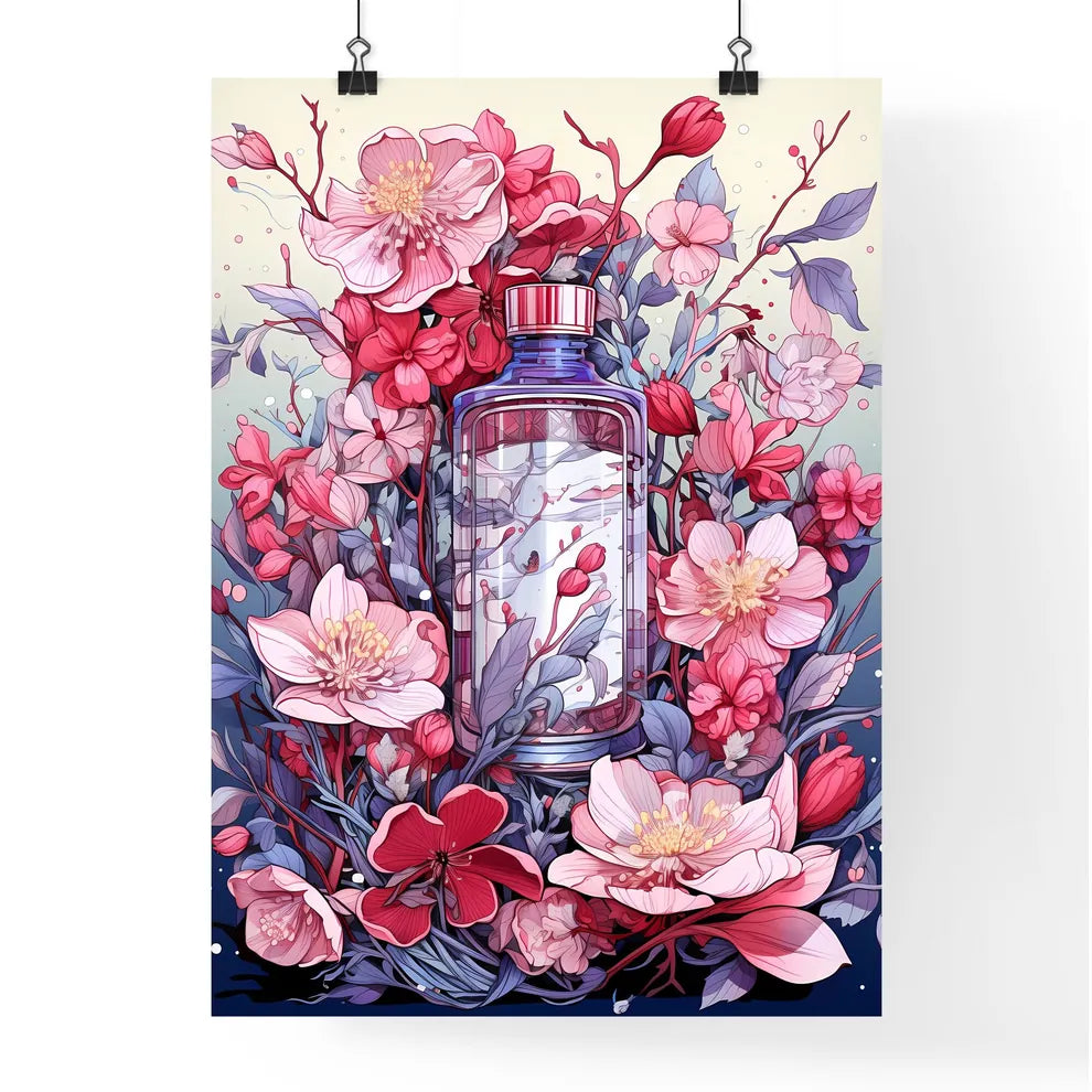A Bottle Of Liquid Surrounded By Pink Flower Poster