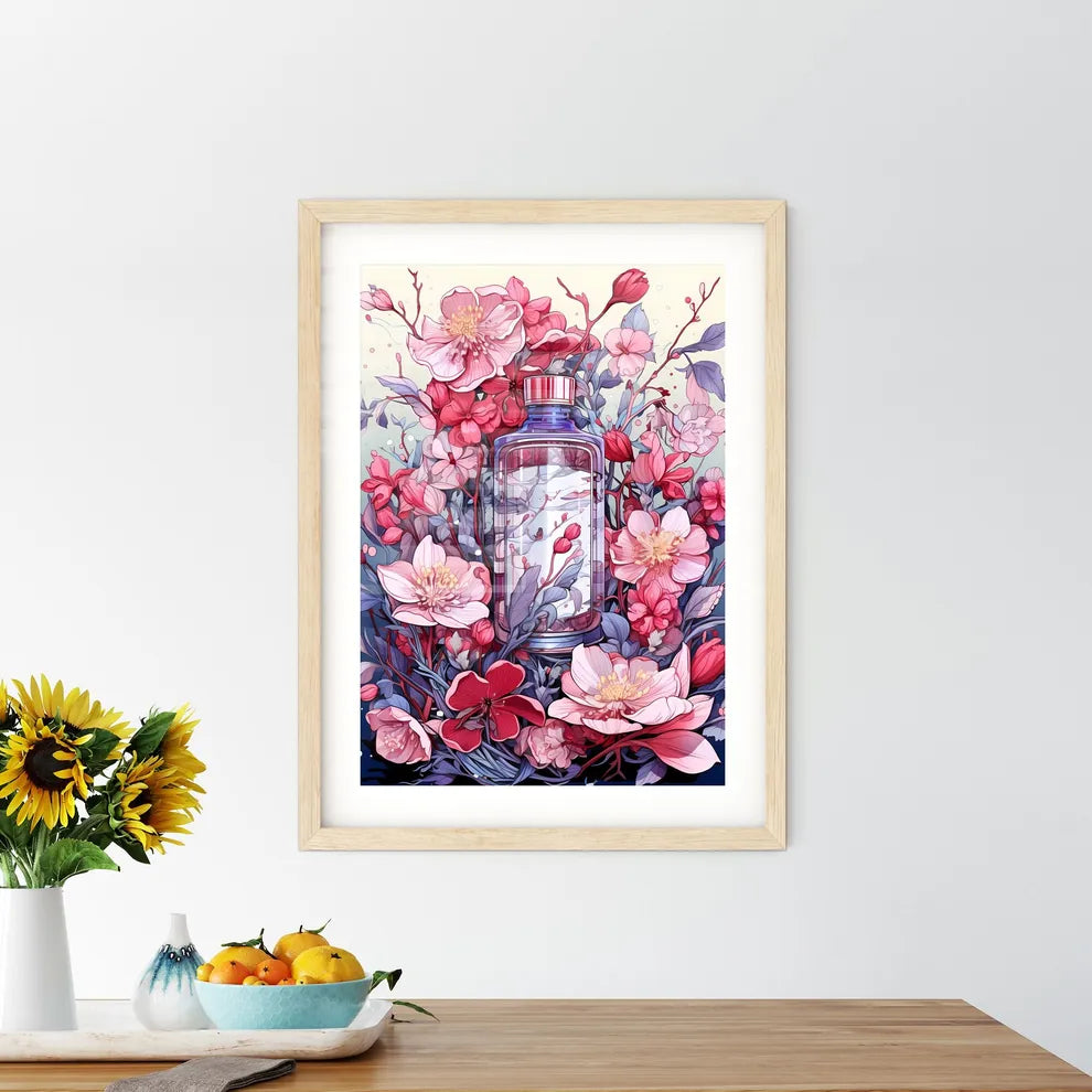 A Bottle Of Liquid Surrounded By Pink Flower - Kitchen Hangings
