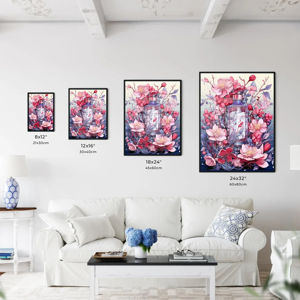 A Bottle Of Liquid Surrounded By Pink Flower Wall Art