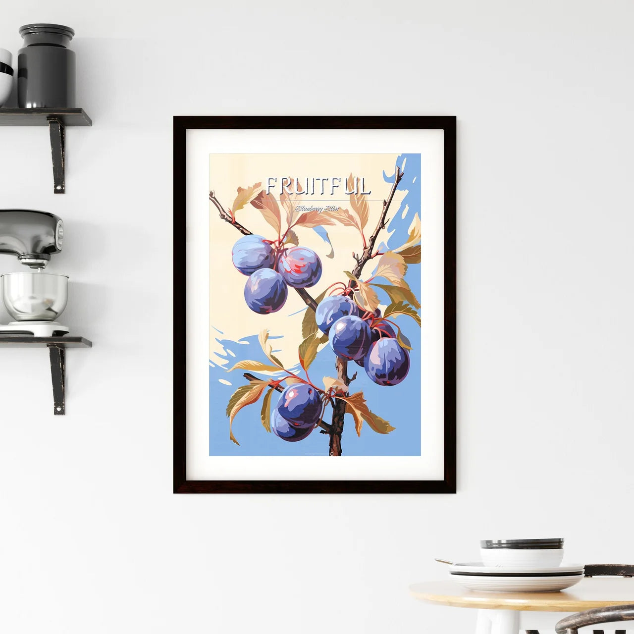 A Branch With Blue Fruits And Leave Framed Print