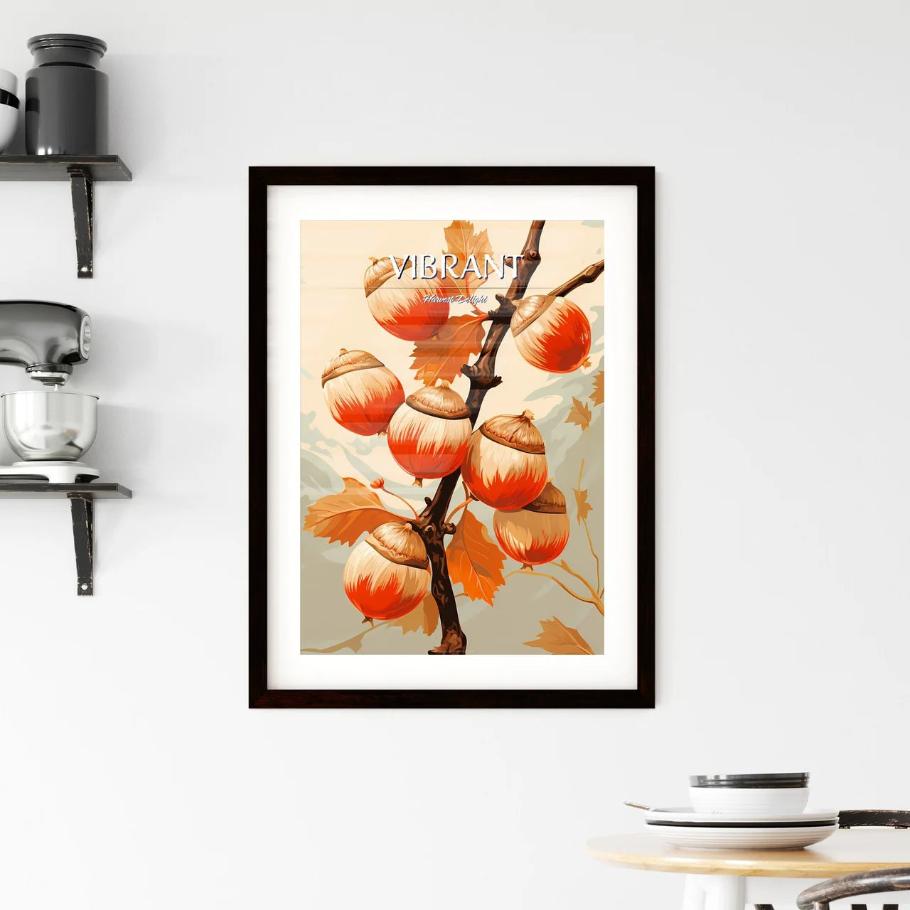 A Branch With Orange And White Acorn Framed Print