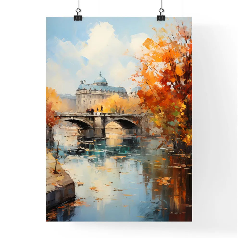 A Bridge Over A River With Trees And A Building In The Background Poster