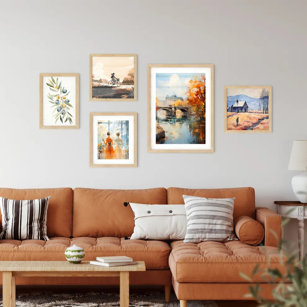 A Bridge Over A River With Trees And A Building In The Background Custom Print