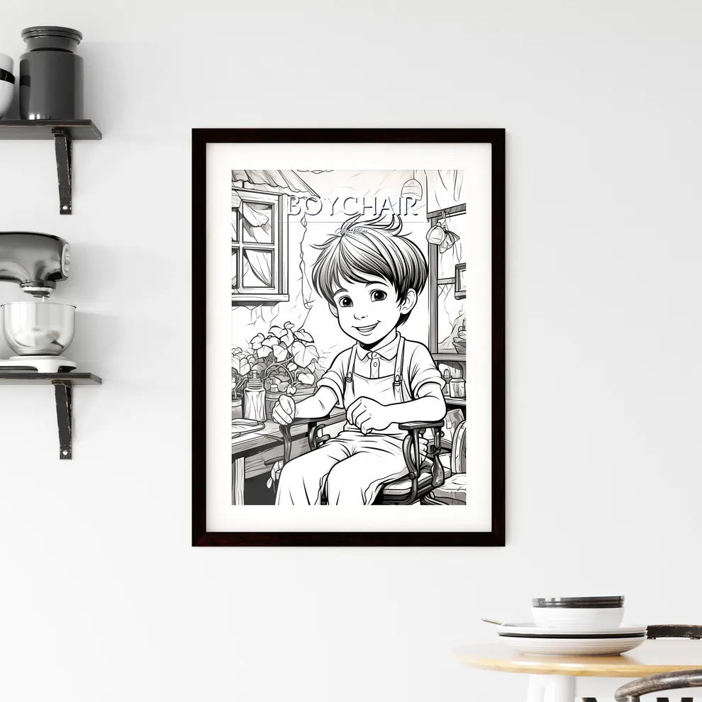 A Cartoon Of A Boy Sitting In A Chai Framed Print