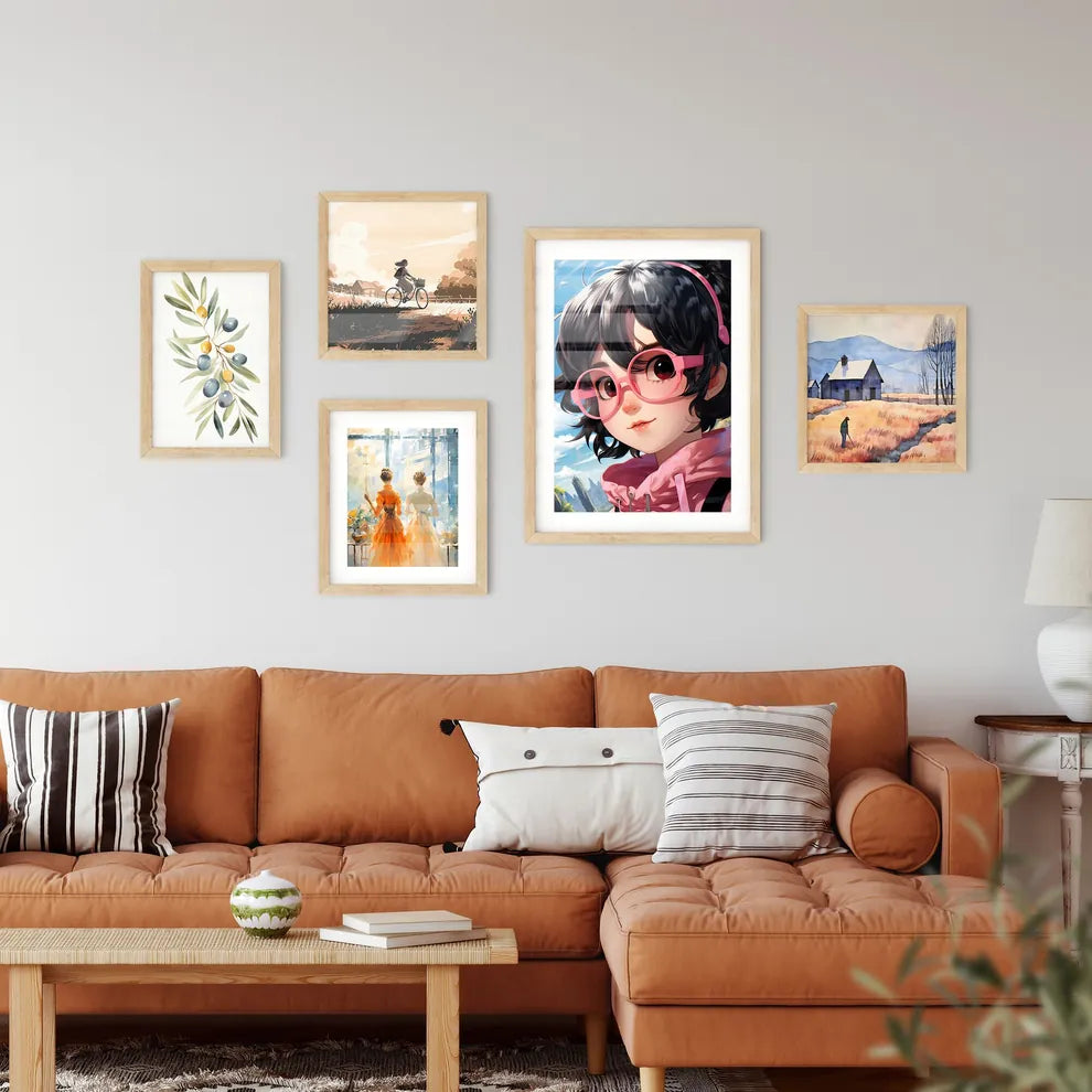 A Cartoon Of A Girl Wearing Pink Glasse Framed Print