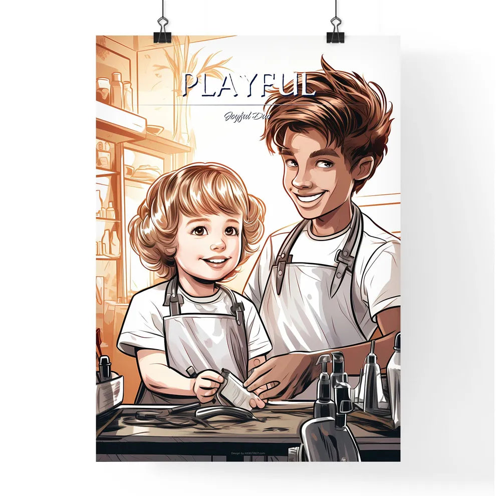 A Cartoon Of A Man And A Chil Poster