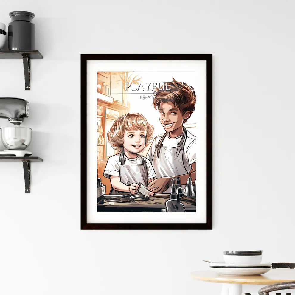 A Cartoon Of A Man And A Chil Framed Print