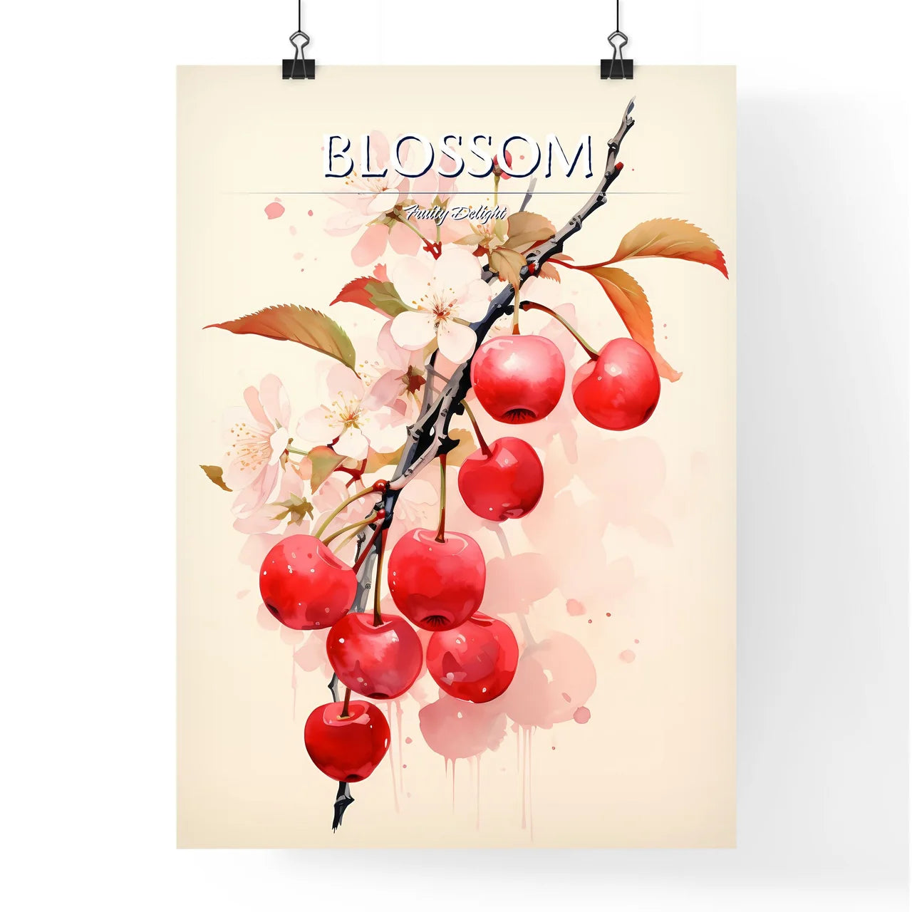 A Cherry Tree Branch With Red Fruits And Whi Poster