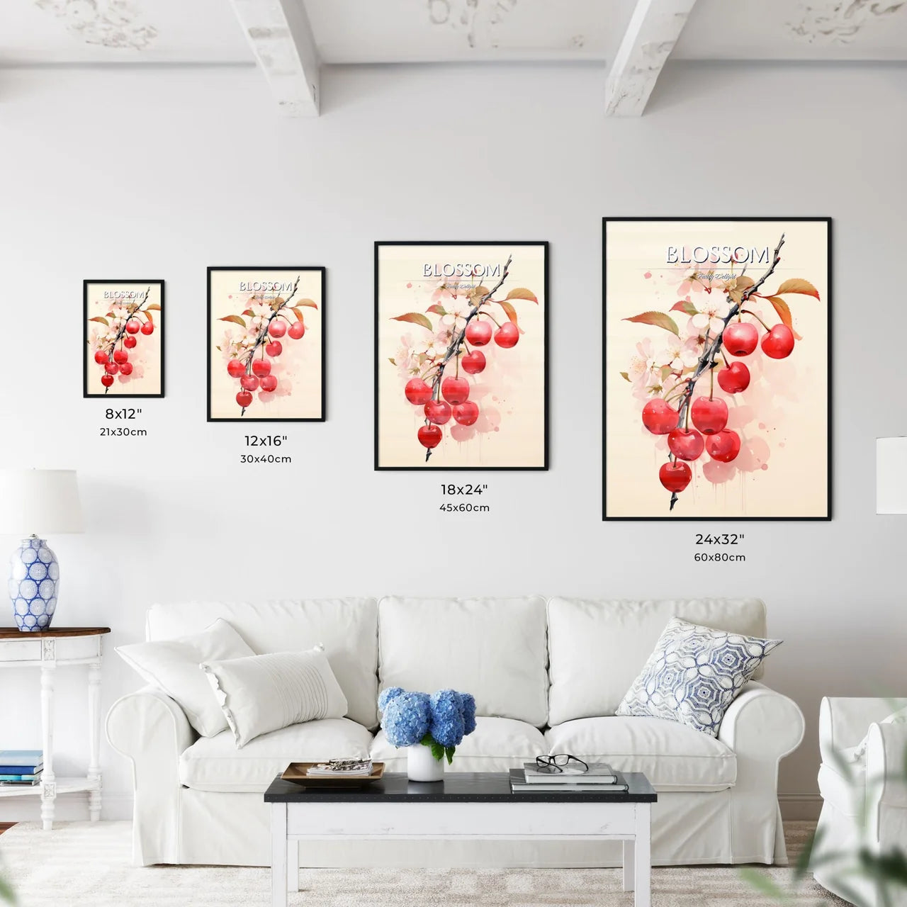 A Cherry Tree Branch With Red Fruits And Whi - Kitchen Hangings