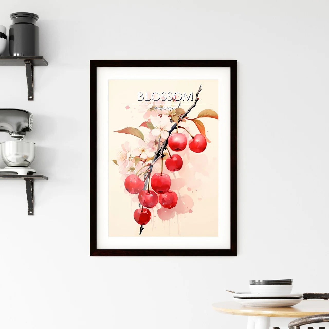 A Cherry Tree Branch With Red Fruits And Whi Framed Print