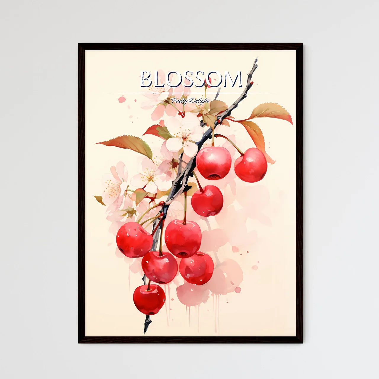 A Cherry Tree Branch With Red Fruits And Whi - Framed Art Print