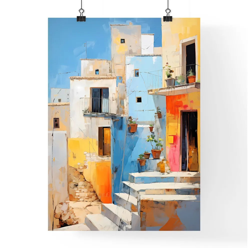 A Colorful Buildings With Stairs And Plants Poster