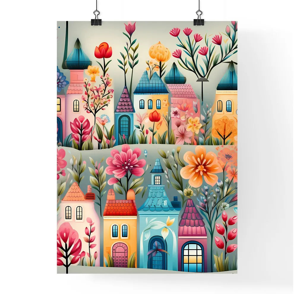A Colorful Cartoon Houses With Flowers And Plants Poster