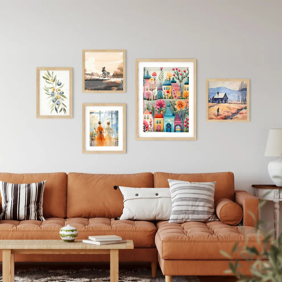 A Colorful Cartoon Houses With Flowers And Plants Custom Print