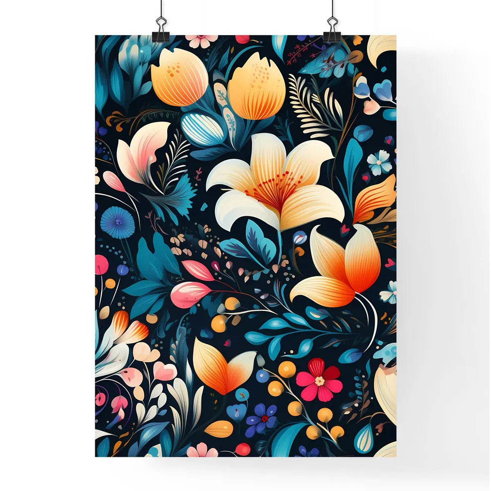 A Colorful Floral Pattern On A Black Backgro Poster
