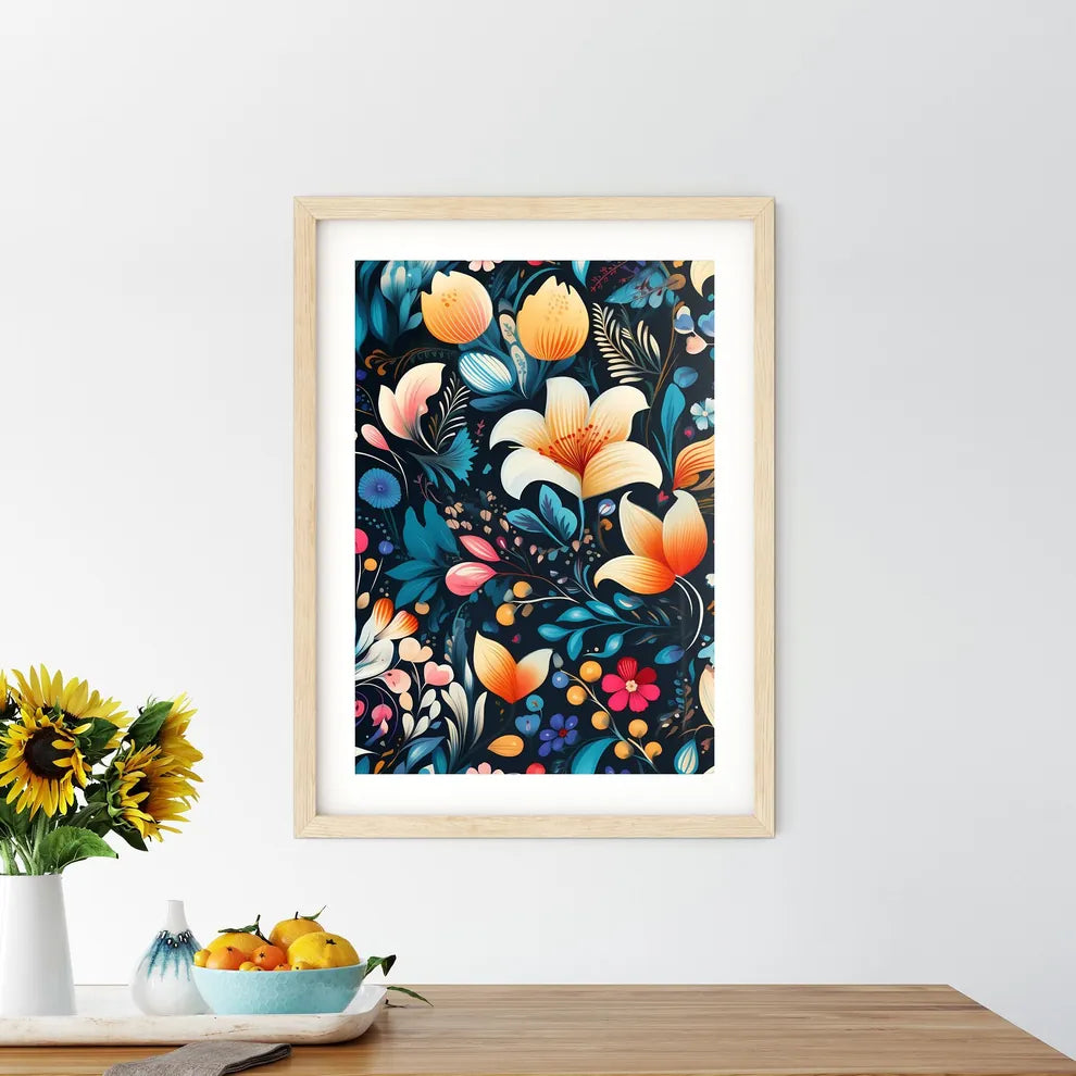 A Colorful Floral Pattern On A Black Backgro - Kitchen Hangings