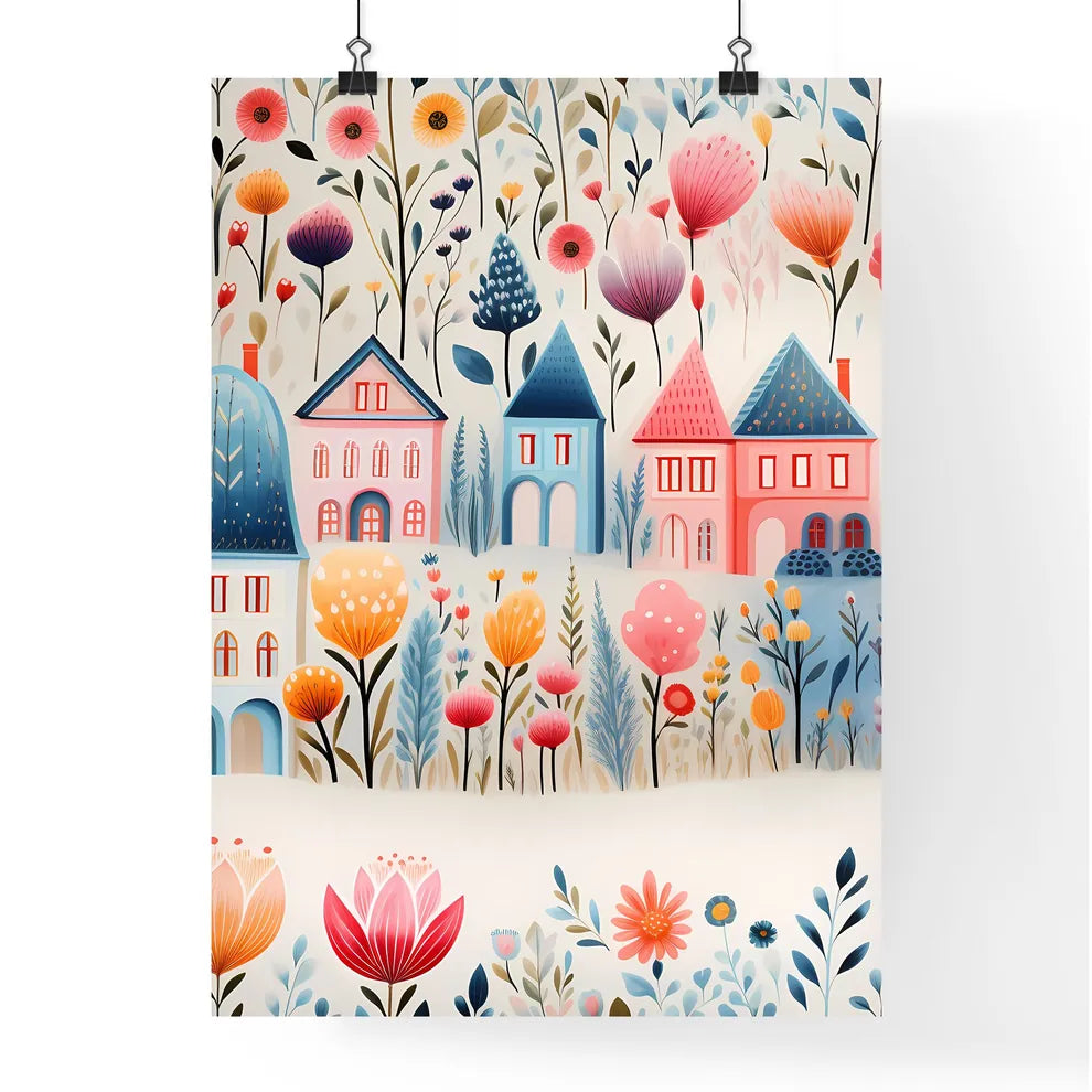 A Colorful Flower Garden With Houses And Flo Poster