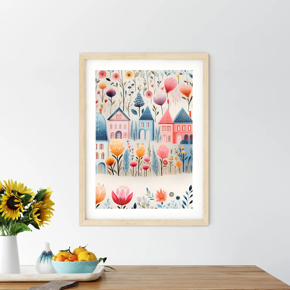 A Colorful Flower Garden With Houses And Flo - Kitchen Hangings