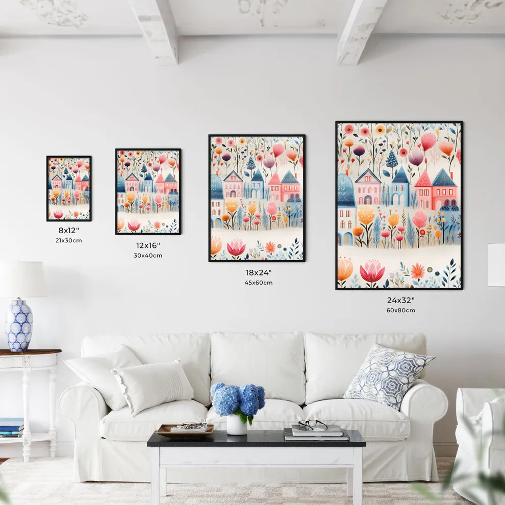 A Colorful Flower Garden With Houses And Flo Wall Art