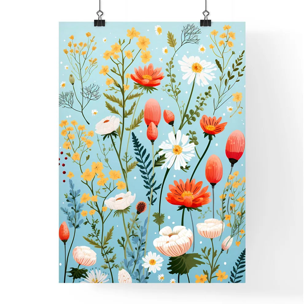 A Colorful Flowers On A Blue Backgroun Poster
