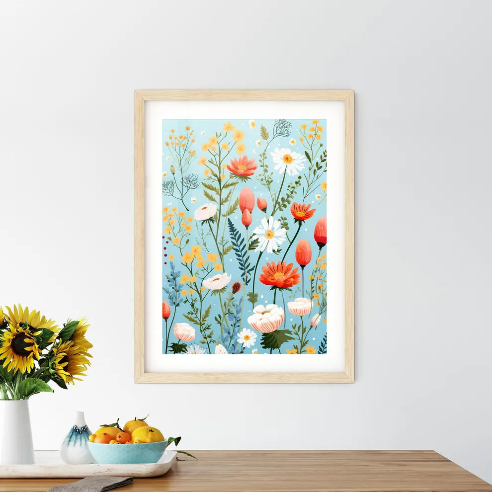 A Colorful Flowers On A Blue Backgroun - Kitchen Hangings