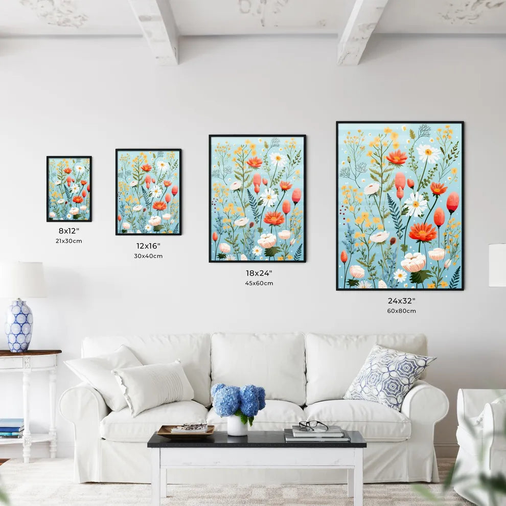 A Colorful Flowers On A Blue Backgroun Wall Art