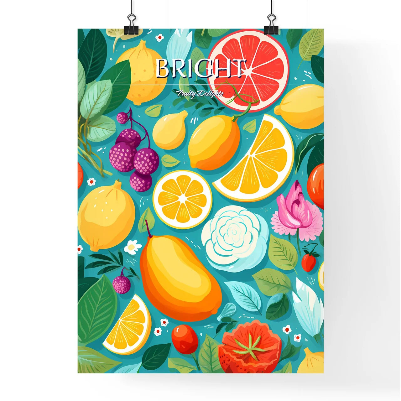A Colorful Fruit Pattern With Flowers And Le Poster
