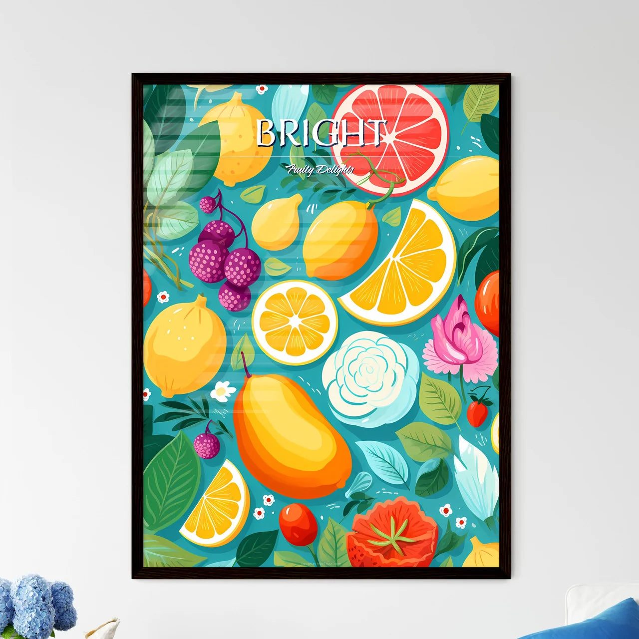 A Colorful Fruit Pattern With Flowers And Le - Framed Art Print