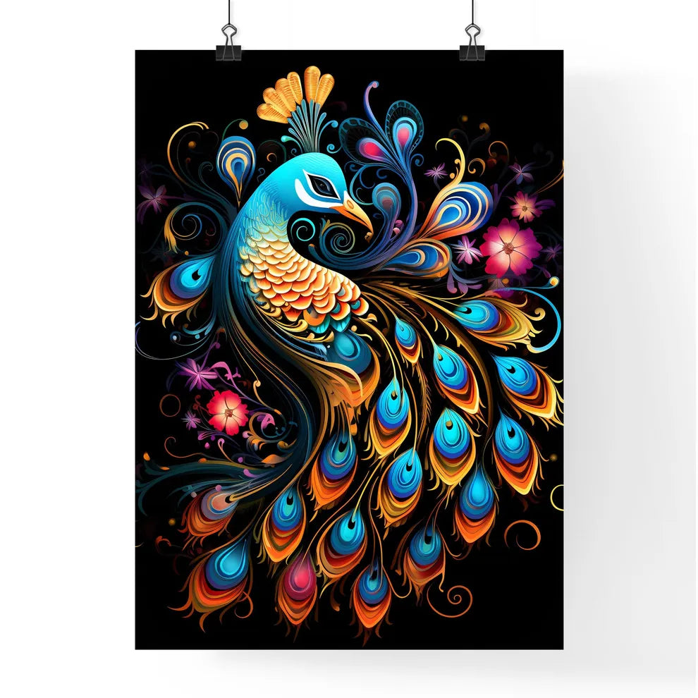 A Colorful Peacock With Flowe Poster