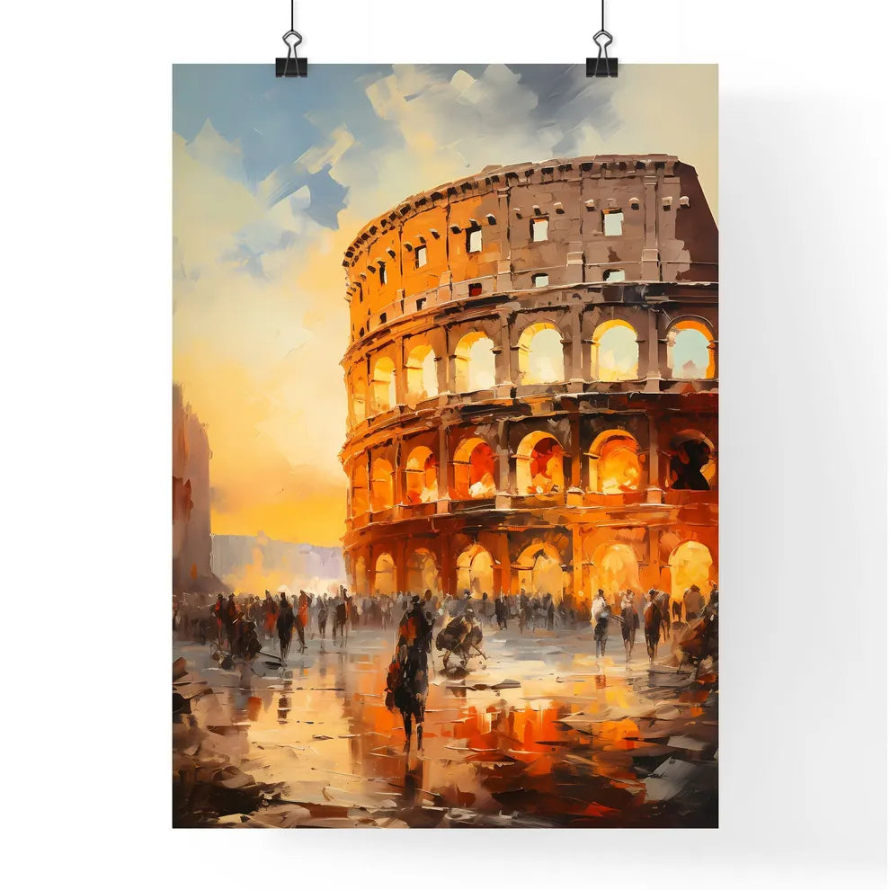 A Colosseum With People Walking In Front Of It Poster