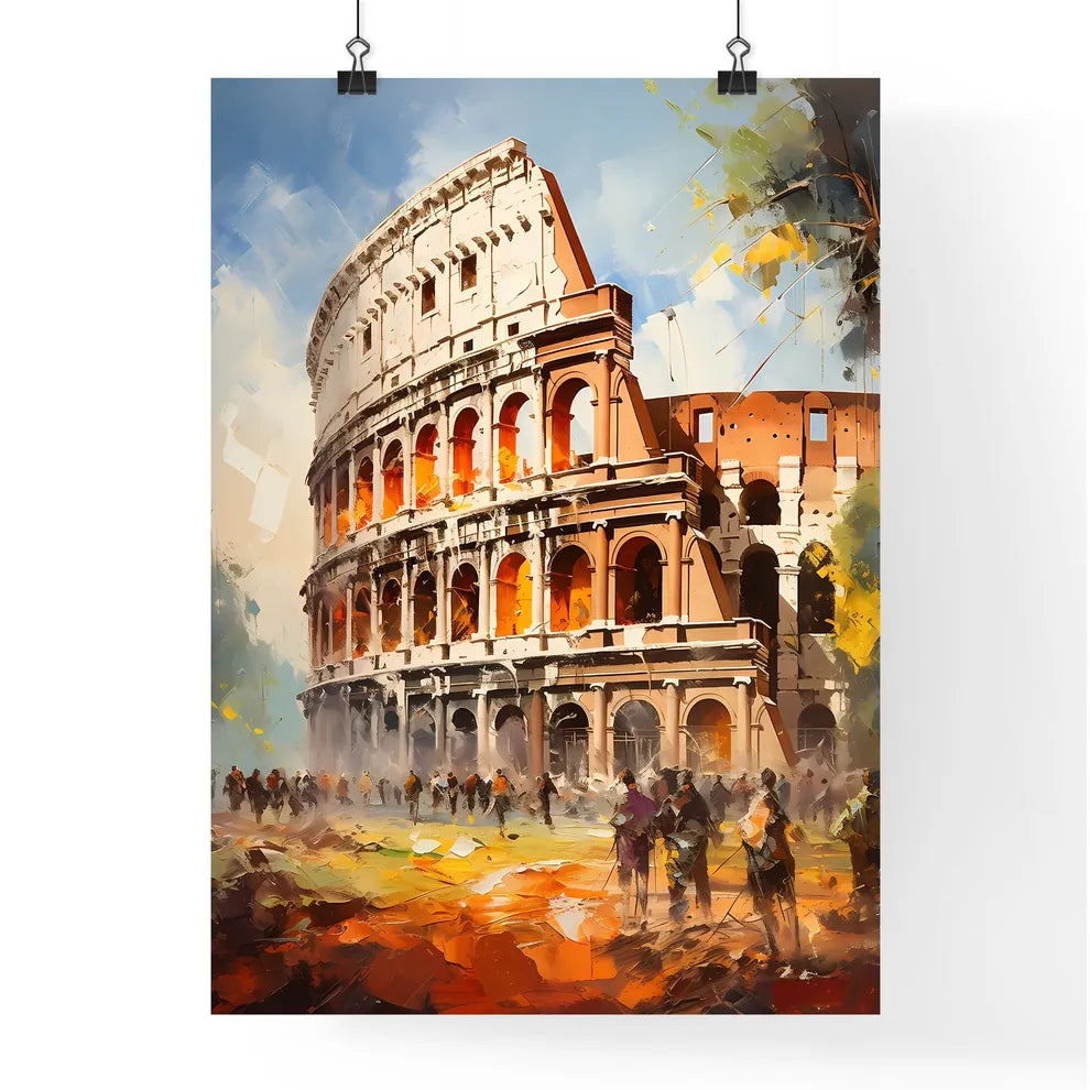 A Colosseum With People Walking In Front Of It Poster