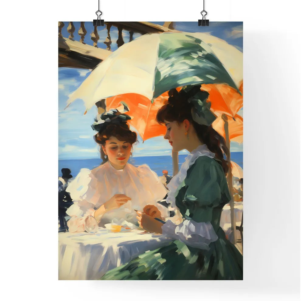 A Couple Of Women Sitting At A Table With Um Poster