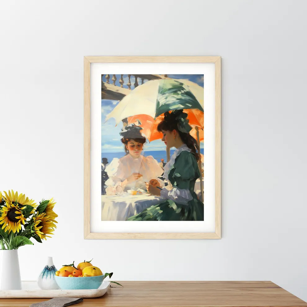 A Couple Of Women Sitting At A Table With Um - Kitchen Hangings