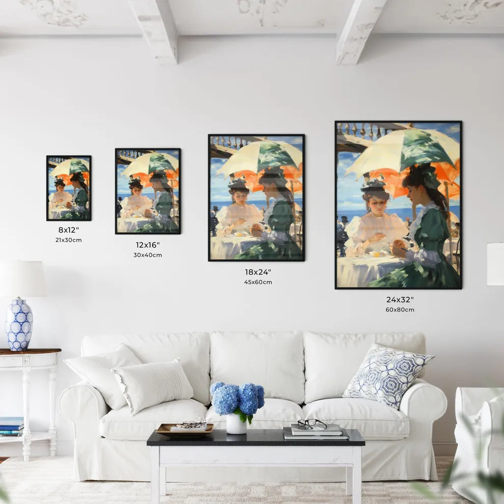 A Couple Of Women Sitting At A Table With Um Wall Art