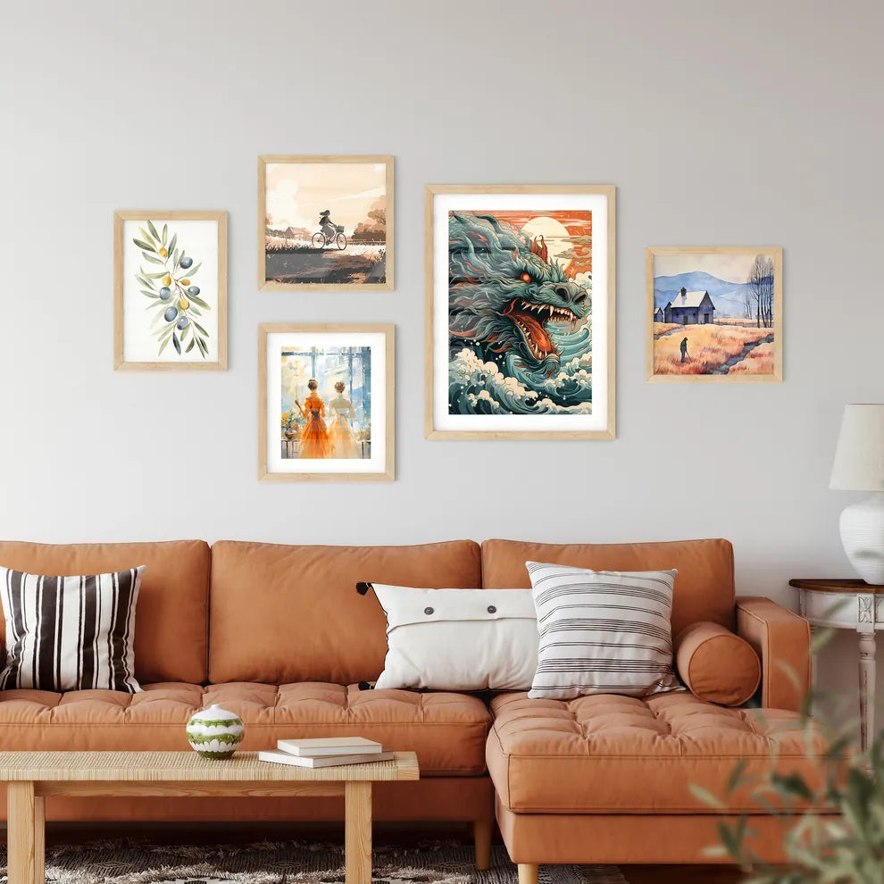 A Dragon With Waves And Red E Framed Print