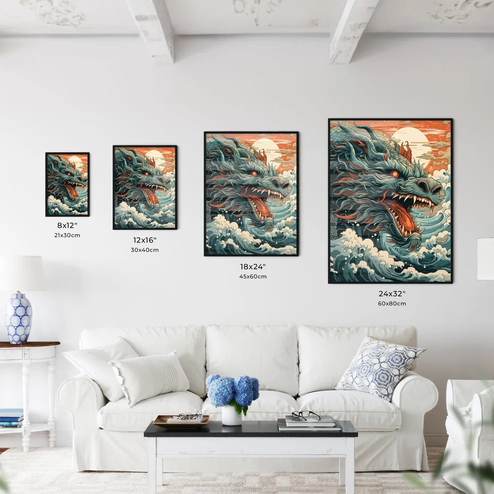 A Dragon With Waves And Red E Art Print